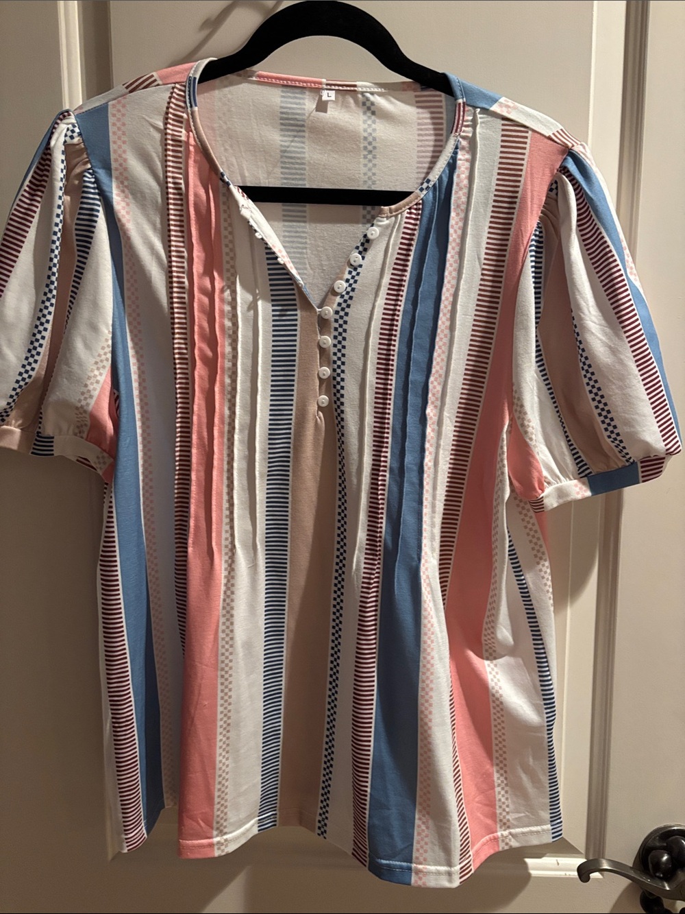 Striped Puff-Sleeve Women's Top in Coral, Blue & Cream